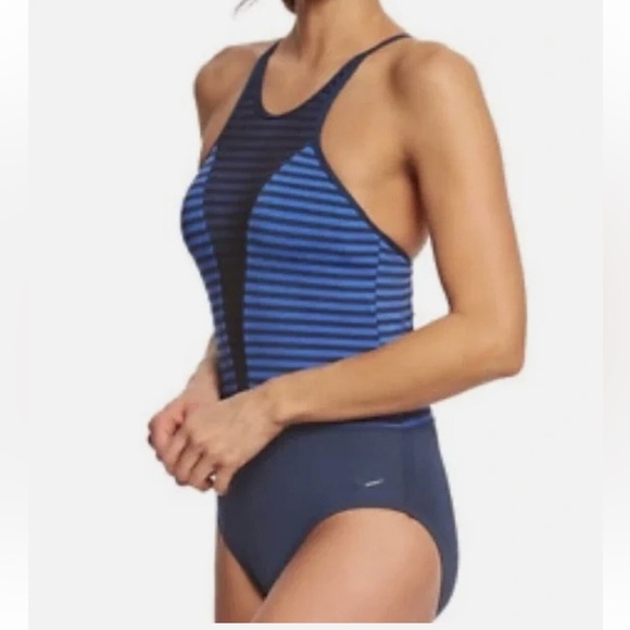 Nike Women's Laser High Neck Striped Tank One Piece Swimsuit - Picture 1 of 7